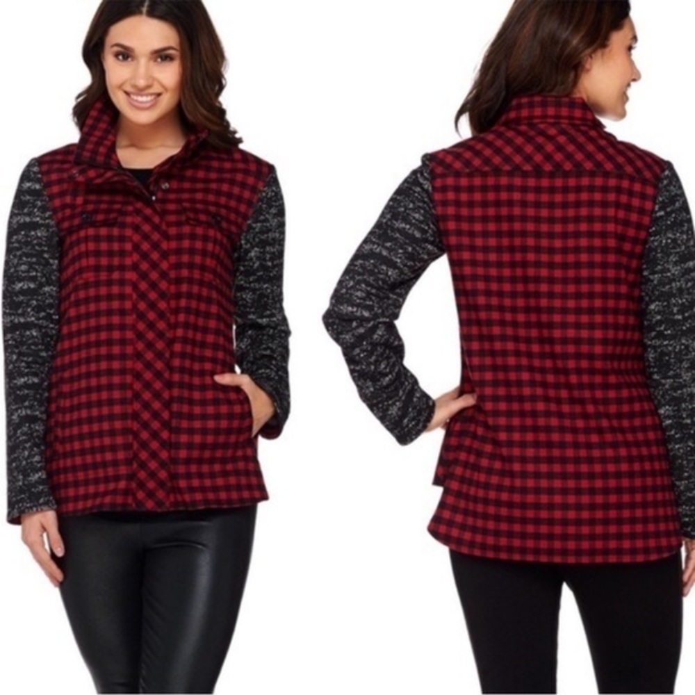 LOGO Lori Goldstein Buffalo Plaid Jacket‎ Red Black Zip Snap Lightweight Size XS